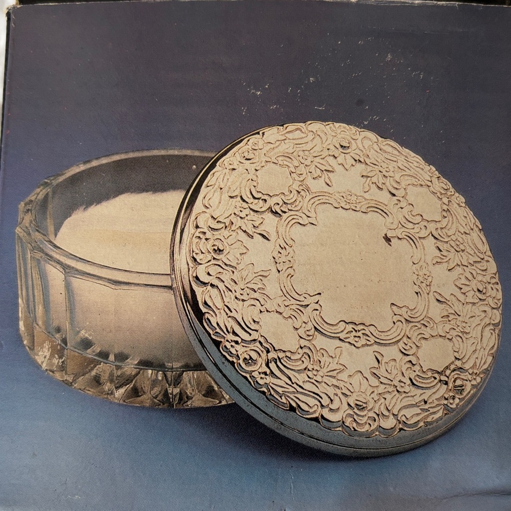 NIB Vintage Silver Plated Mirror and Glass Puff Container Never Been Used Silver